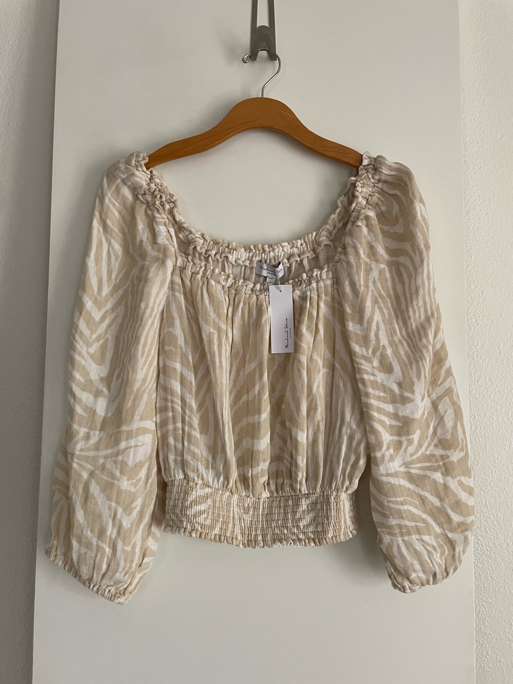 Michael Stars Cotton Blouse Top Square Neck Puff Sleeve Tan/Ivory Animal nwt